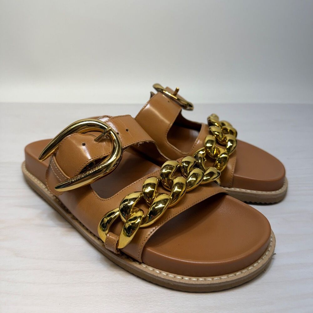 Vince Camuto Double Band Chain Leather Slide Sandals - Kenedys-ā Brown Size 8 M